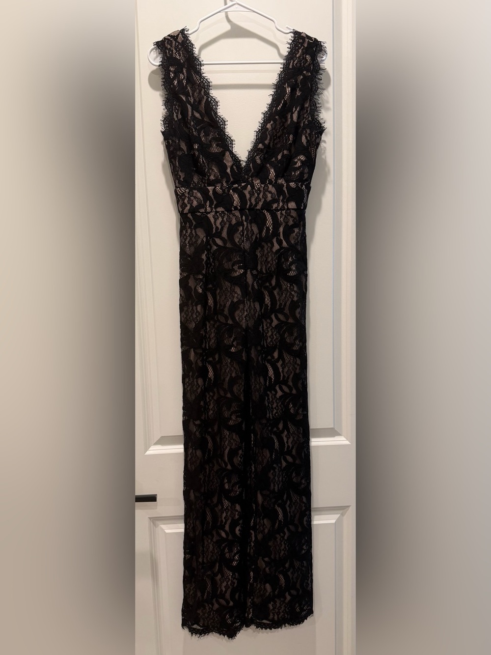 INA Lace Plunge Wide Leg Jumpsuit Women’s Medium Black Nude Sleeveless Party